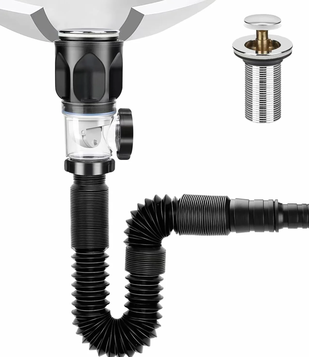 Sifón Lavabo Extensible 300-1000 Mm con Flexible Kits Desague Fregadero Drenaje Filtro Desplegable Negro