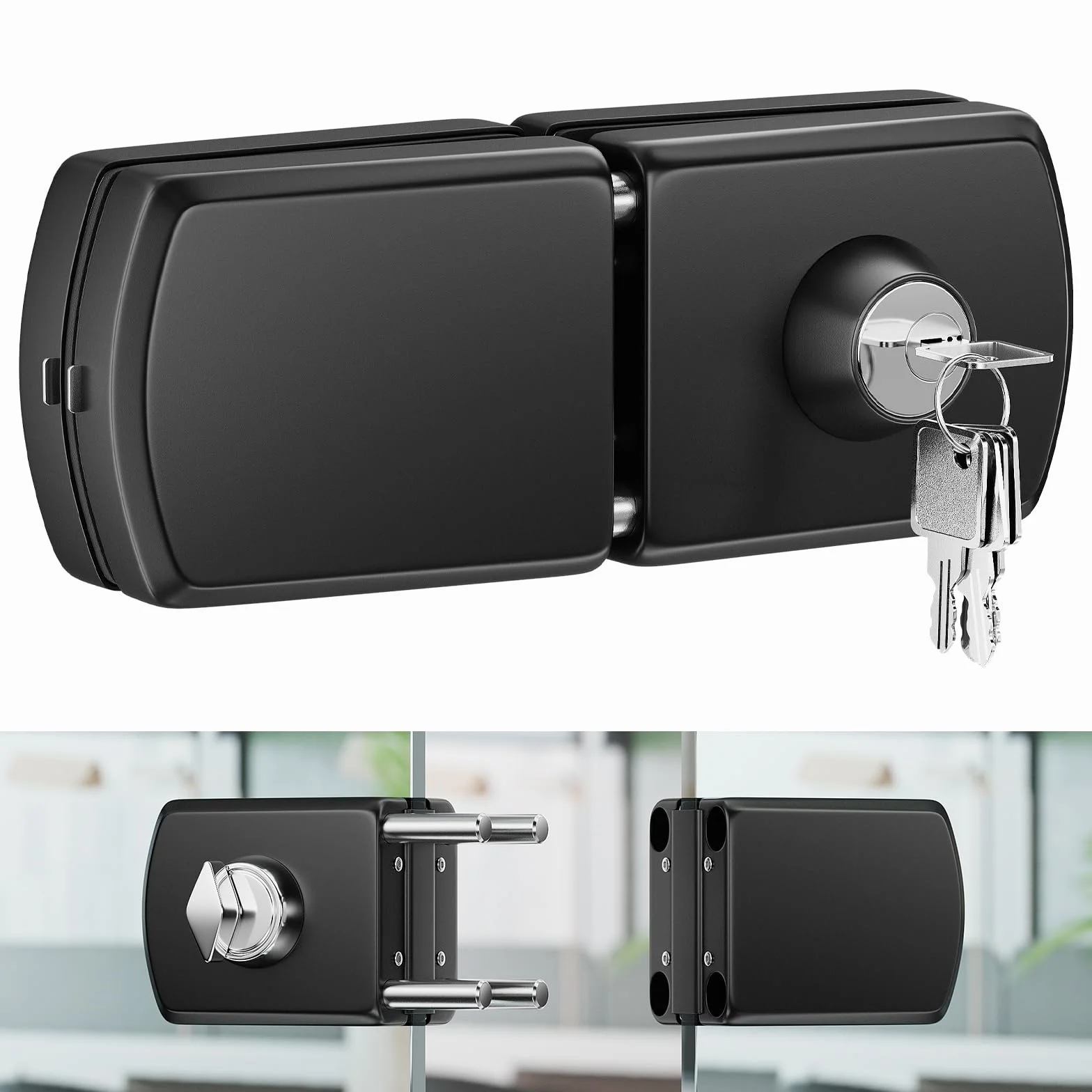 Ranbo Cerradura de Sujeción sin Taladrar para Cristal, Negro Mate | Con llave y pomo, para cristal templado de 10–12 mm, instalación sencilla, apta para hogar y oficina