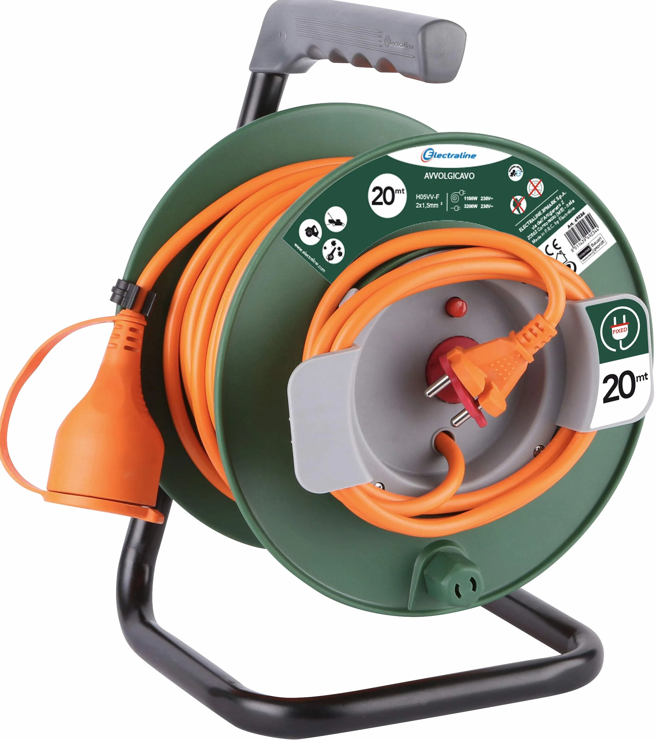 Electraline 49234 - Carrete De Cable Jardín, Longitud 20M, Enchufe Europeo, Sección Cable 2x1.5mm