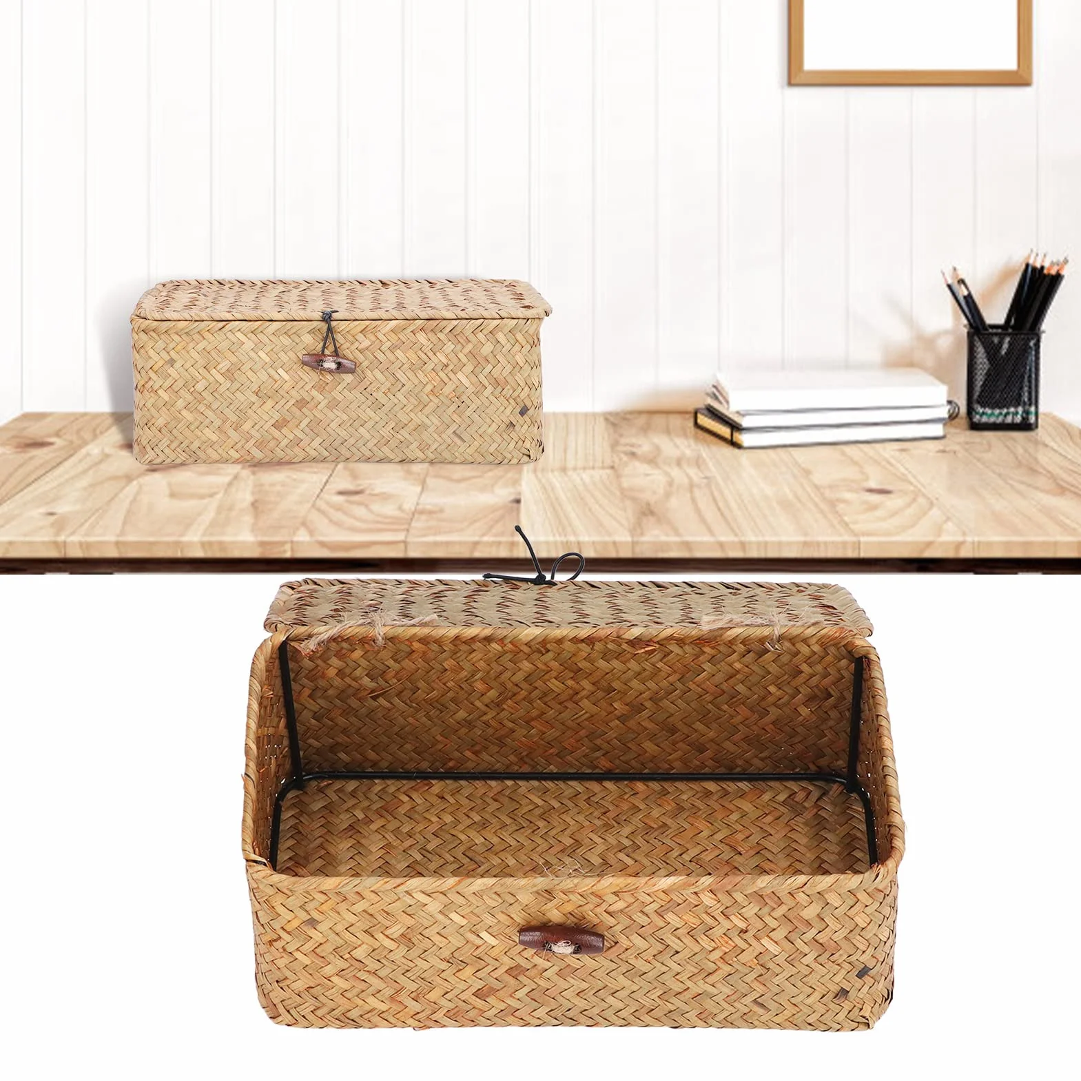 Cesta de Mimbre Rectangular con Tapa Organizador Almacenamiento Hogar Jardín Hecho a Mano