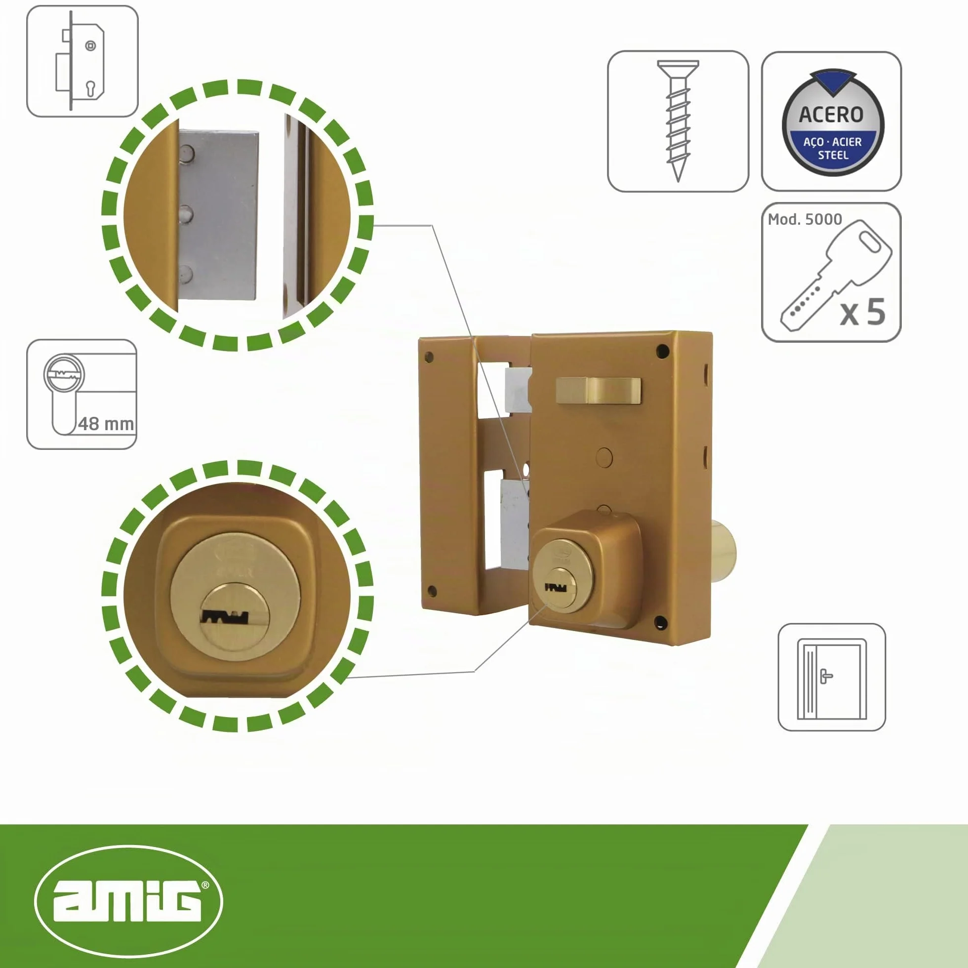 Amig - Cerradura de Sobreponer de Izquierda con Palanca de Cierre, Lengüeta y Tirador para Puertas de Madera Mod. 75, 67 x 112 mm, Cilindro Redondo de Seguridad, Acero Dorado