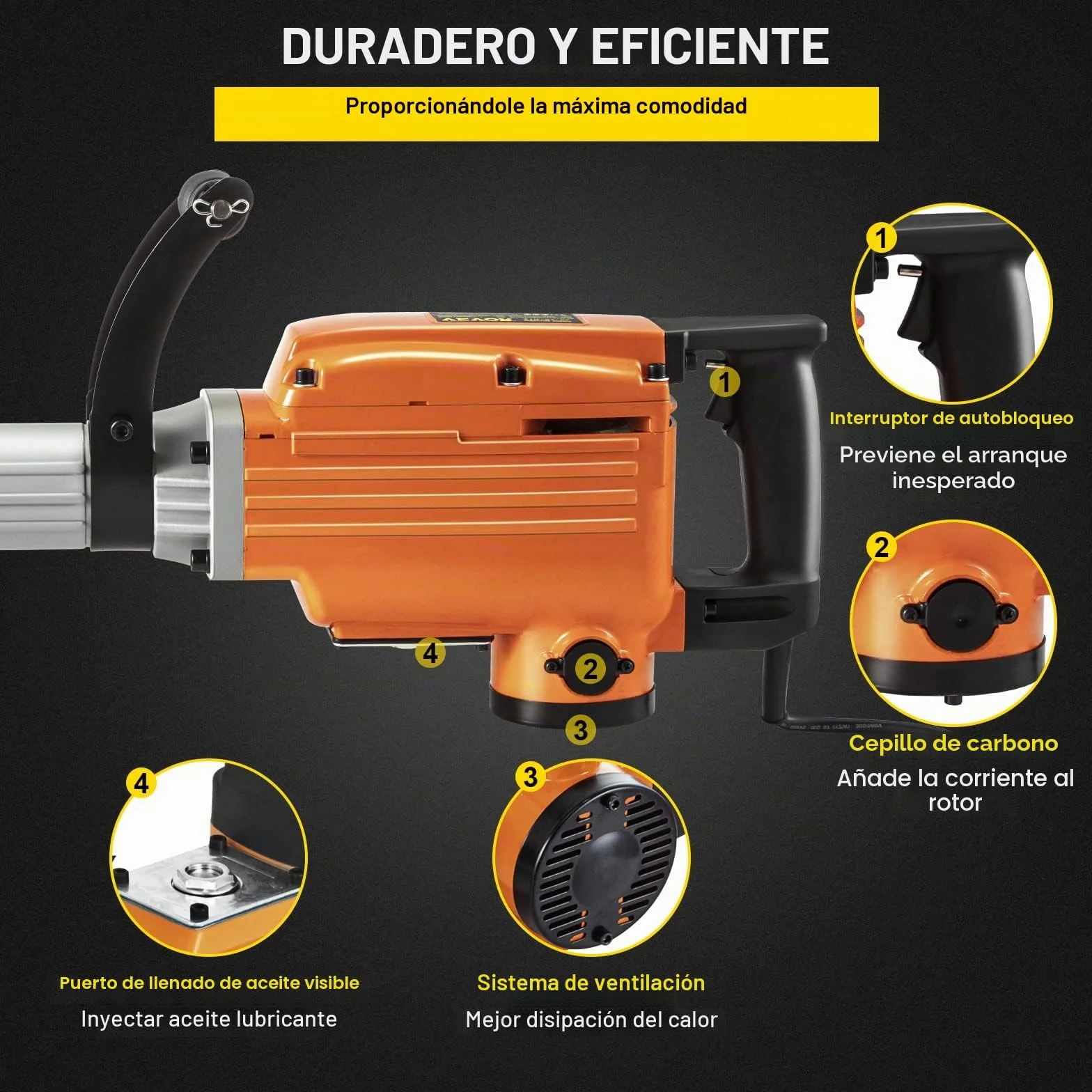 VEVOR Martillo demoledor eléctrico 1500 W 65 A Martillo demoledor con mango ergonómico giratorio a 360° para hormigón, ladrillos, estucos de azulejos, eliminación de cimientos de viviendas