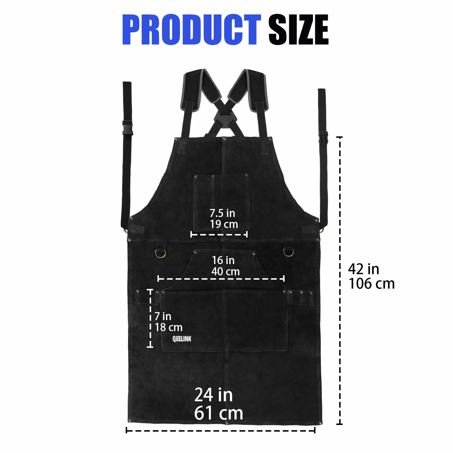 QeeLink Delantal de soldador de cuero con 6 bolsillos, delantal de trabajo resistente al calor y a las llamas, ajustable de M a XXXL