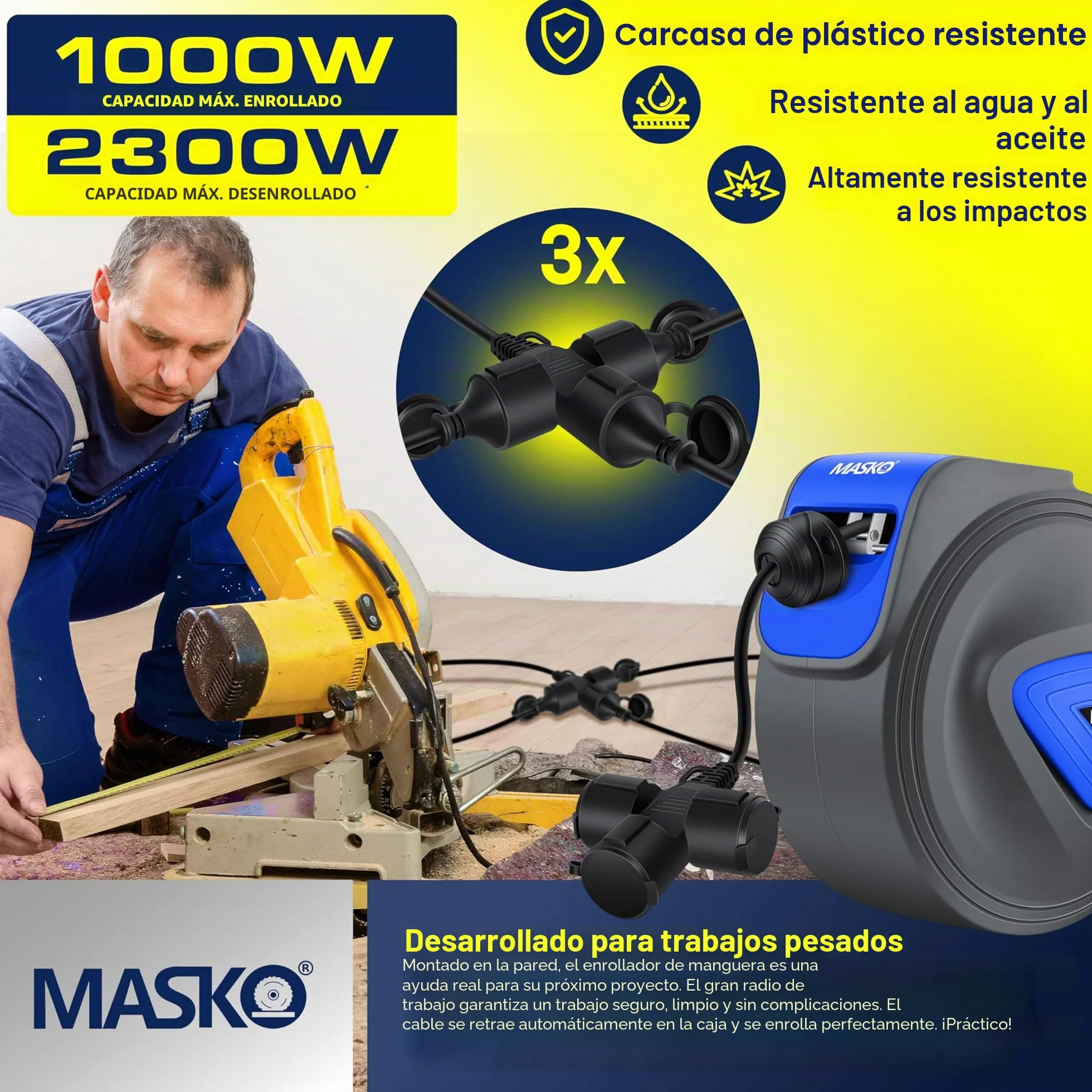 MASKO® Cable alargador automático de 20 m con conexión de 3 vías, giratorio 180°, cable de alimentación de 1,5 m, soporte de pared, enrollador de cables, enrollador de cables, incluye guantes