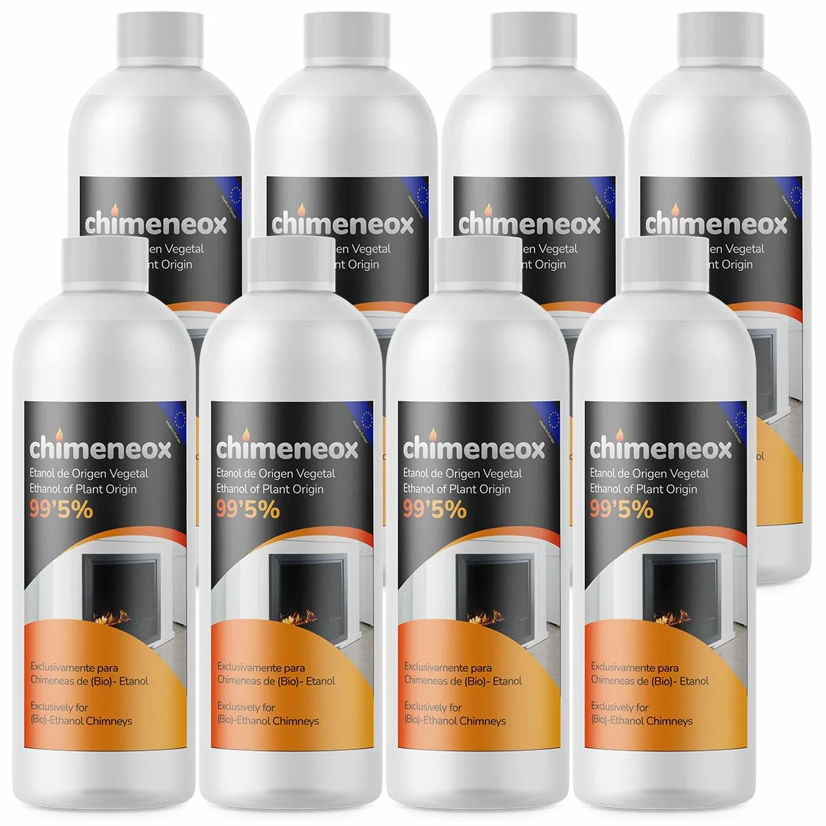 Caja 8 Botellas de 1 litro Bioetanol 99,5% Origen Vegetal para chimeneas | chimeneox