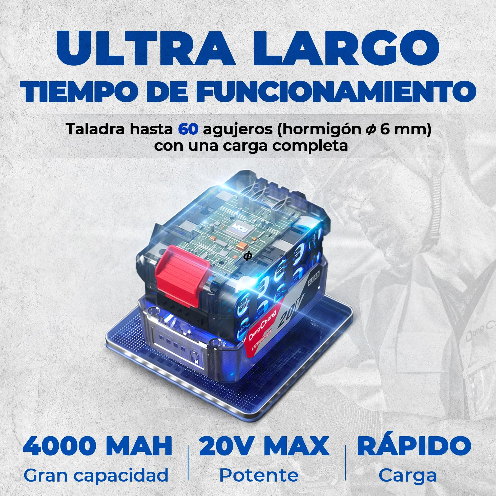 DongCheng Martillo perforador sin cable 18V, energía de impacto 2,1 J, 4 piezas SDS-plus, perforación hasta 28 mm, motor de percusión sin escobillas empuñadura antivibración baterías 4Ah y cargador 2A