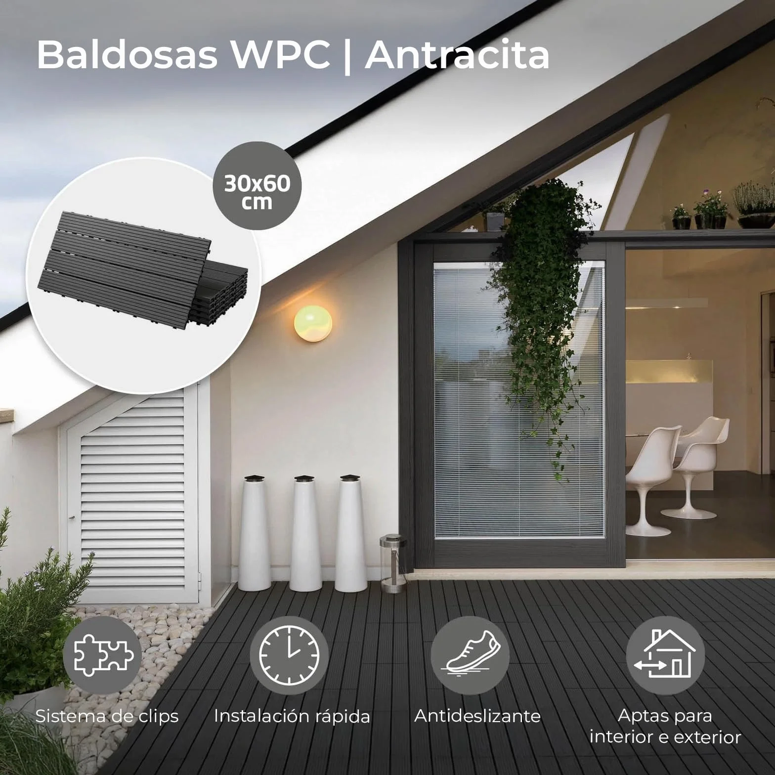 YOEVU - Baldosas de Exterior de Madera Composite WPC | Antideslizantes y Resistentes al Agua | Fácil Instalación | 1.08m² | Set de 6, Patio y Jardín, 30X60cm (Antracita)