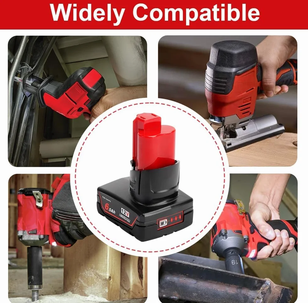 2X M12B6 12V 6.0Ah Batería Compatible con Milwaukee 12V XC Herramientas | para 48-11-2401, 48-11-2402, 48-11-2411, 48-11-2420,con Indicador LED,Batería Li-ion 6000mAh de Repuesto