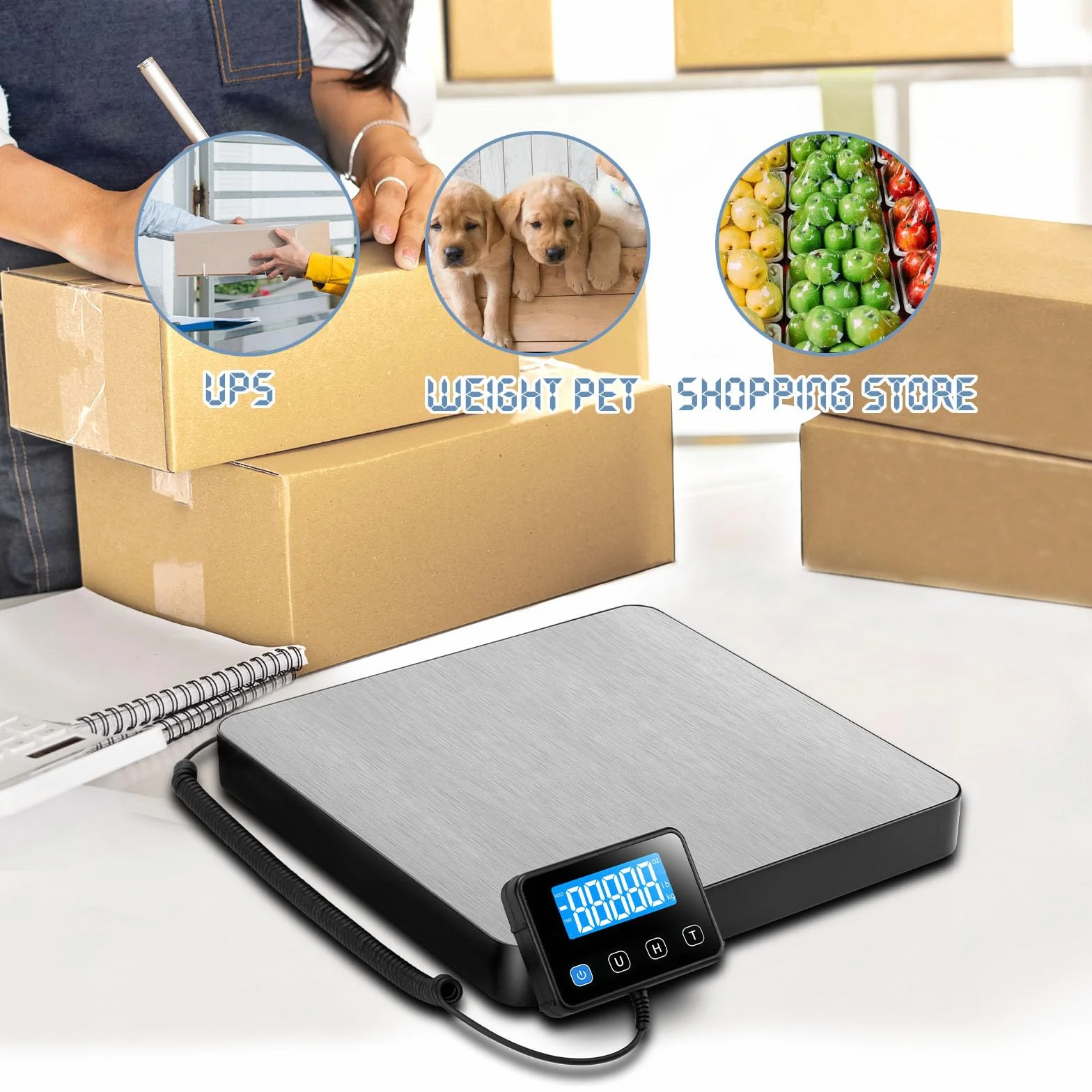 Báscula para Paquetería Digital 200kg/440lb, Balanza Postal Precisión 10g/0.35oz con Retención y Tara