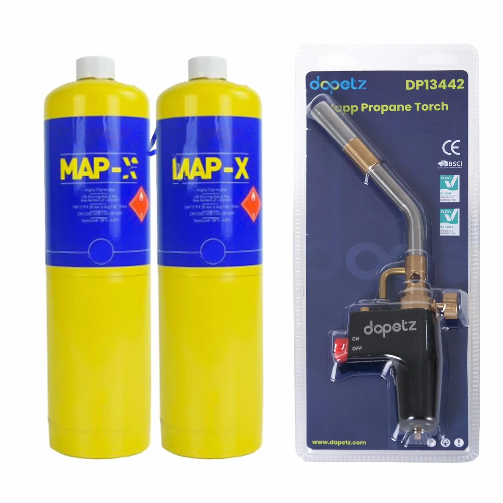 Dapetz Mapp Pro - Antorcha de gas y 2 cartuchos de gas para soldadura, soldadura fuerte, descongelación, tratamiento térmico, mecánicos, quemador de chorro, cilindro, cartucho de botella amarillo
