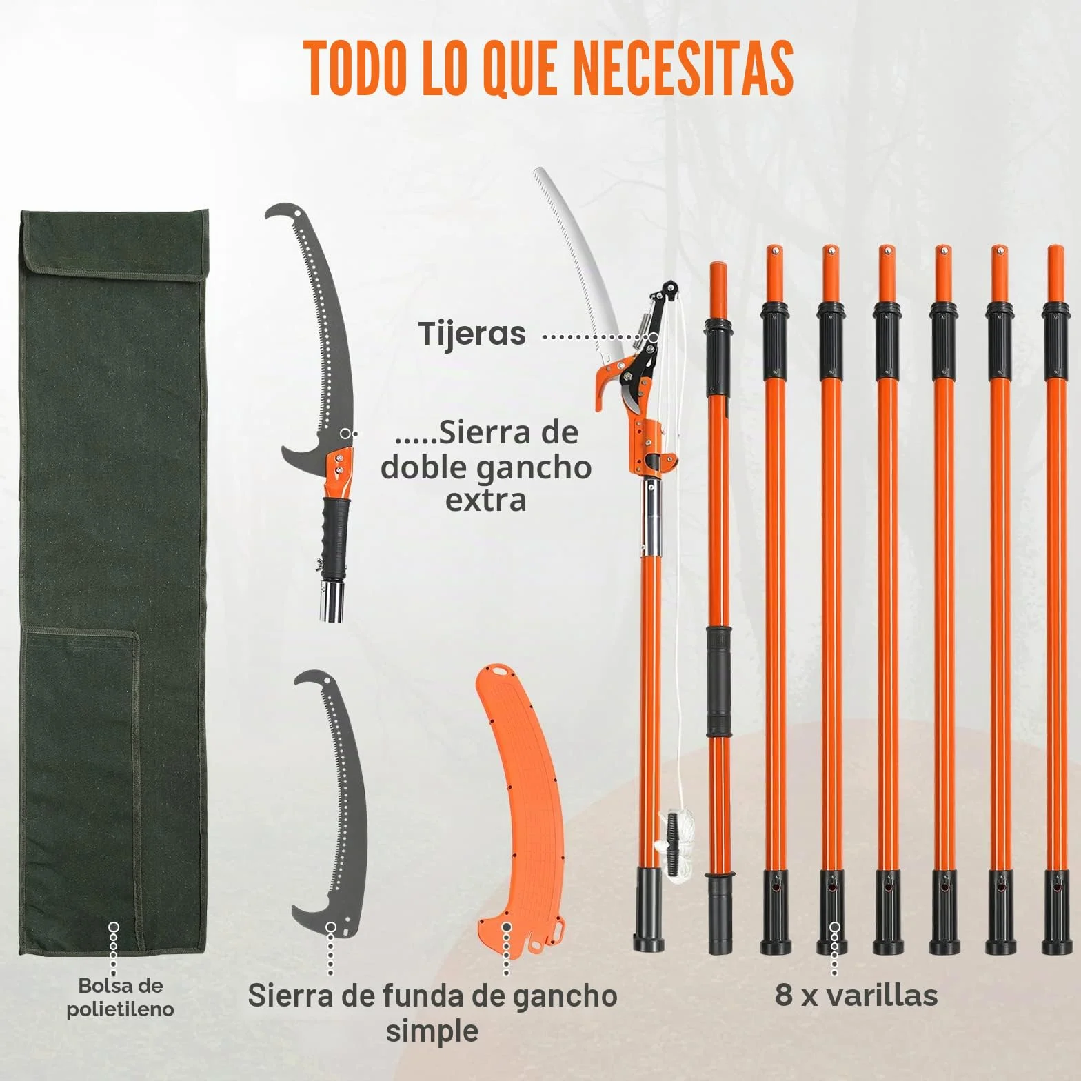 VEVOR Sierra de Poda Telescópica Sierra de Pértiga Extensible de 2,24-8,24m Sierra de Poda con Hoja de Acero Afilada con 8 Postes Tijeras de Fibra de Vidrio para Cortar Ramas Altas para Podar Palmeras