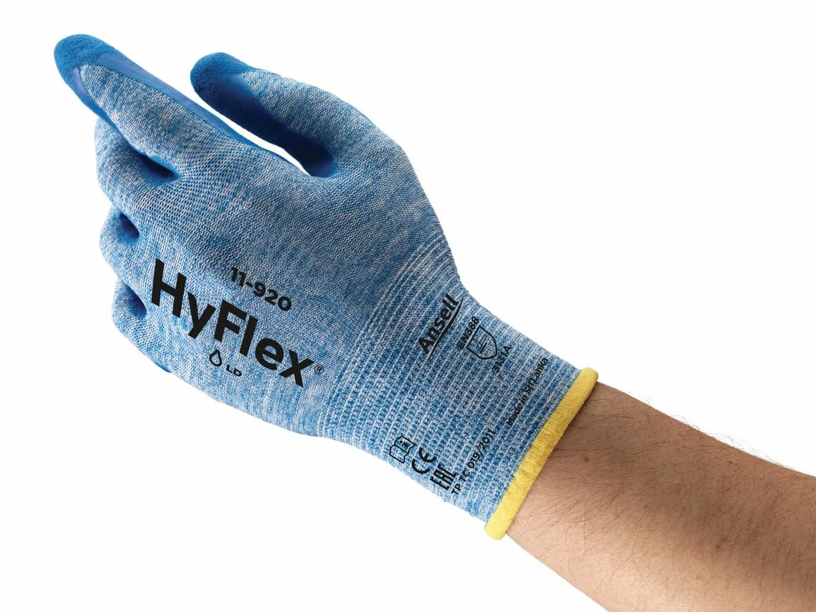 Ansell HyFlex 11-920 Guantes de Trabajo, Agarre de Alto Rendimiento y Repelencia al Aceite, Excelente Destreza y Sensibilidad, Protección Mecánica, Azul, Talla 2XL (12 Pares)