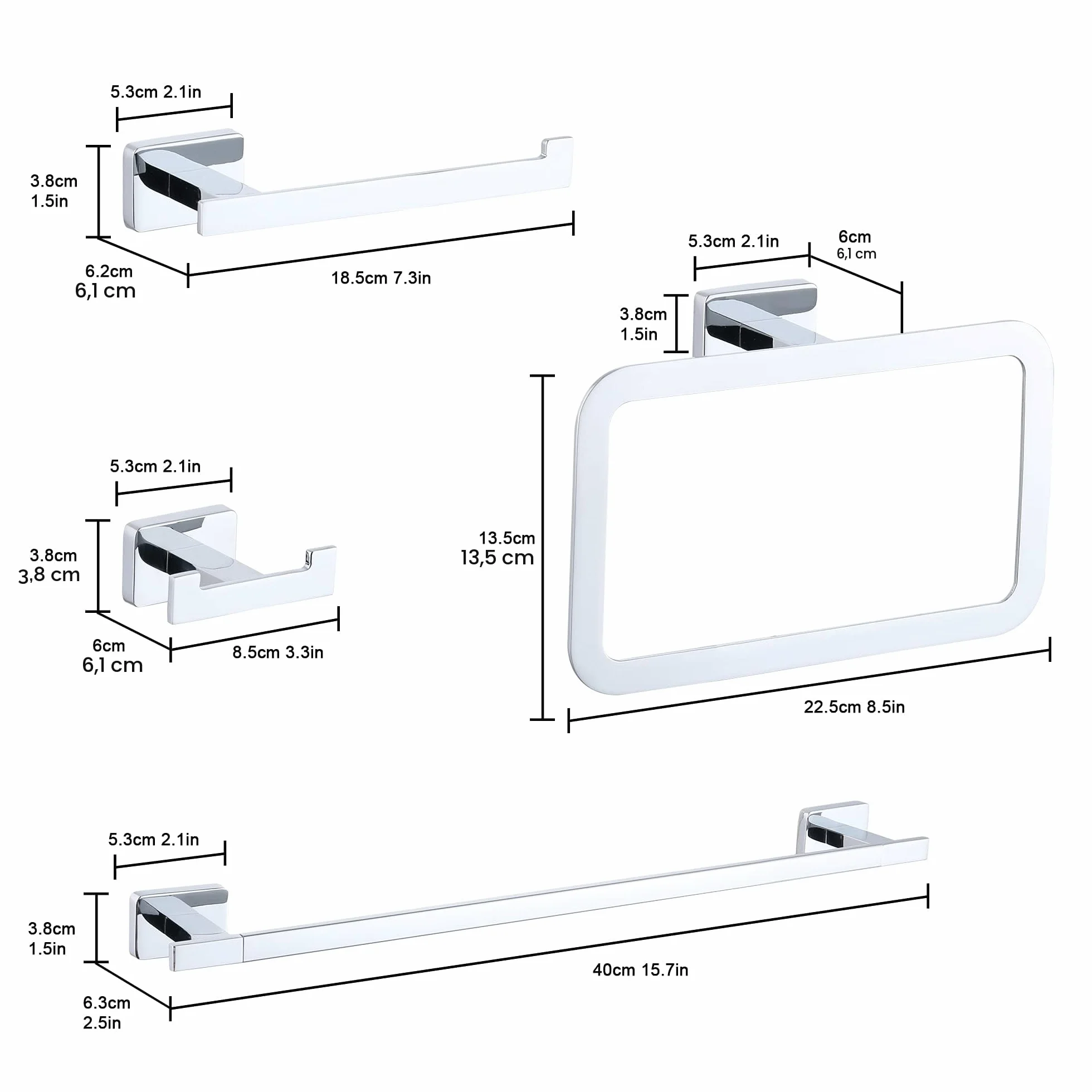 DUFU Juego de Accesorios de Baño 4 en 1 Acero Inoxidable - Toallero Bar 40cm + Soporte para Papel Higiénico + Anillo + Ganchos | Perforación | Plata Brillante
