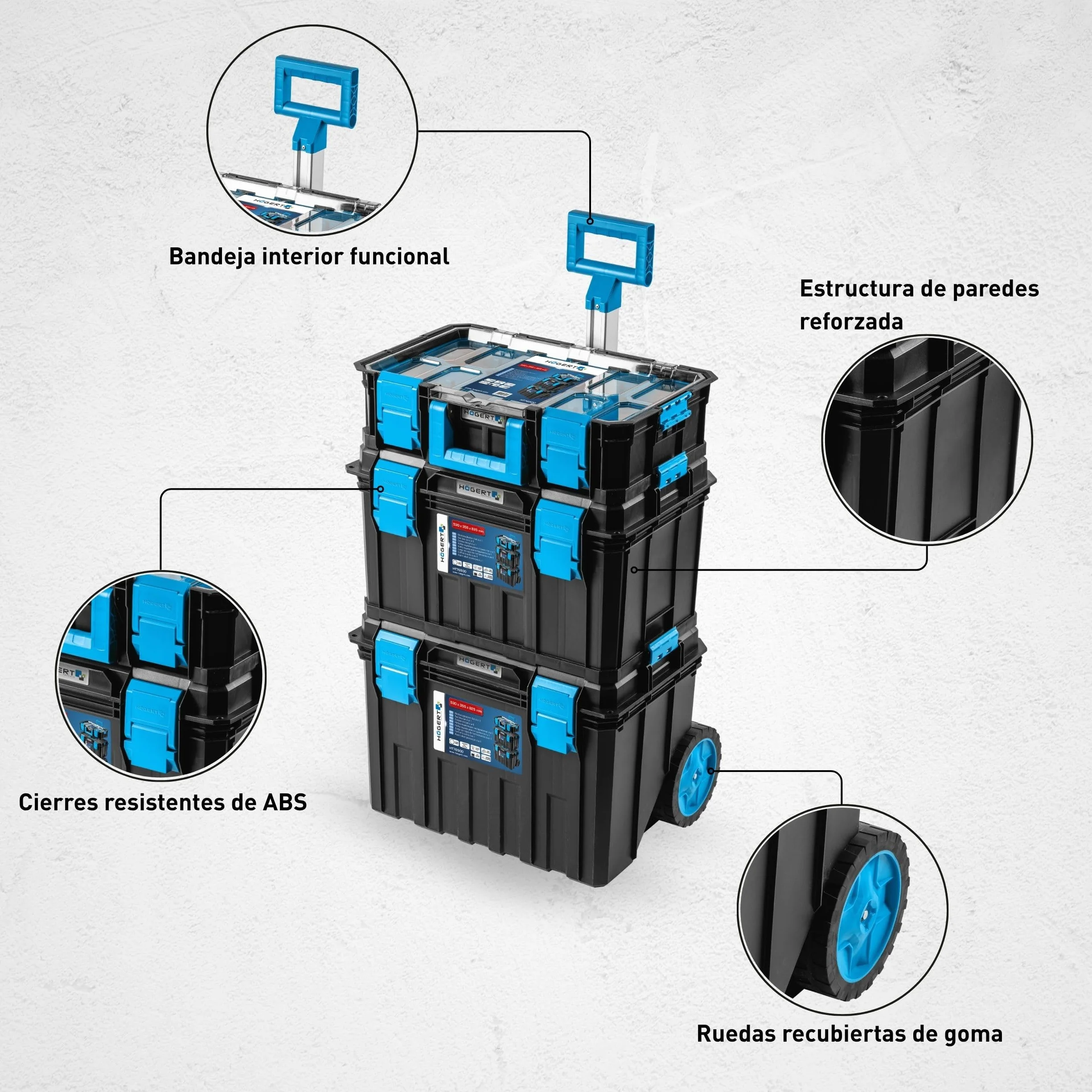 Högert Technik - Set de Cajas 4 en 1 HT7G500, Caja Herramientas con Ruedas, Resistente a Daños, Maletin Herramientas a Prueba de Polvo, Cierres Robustos de ABS, Estructura Modular
