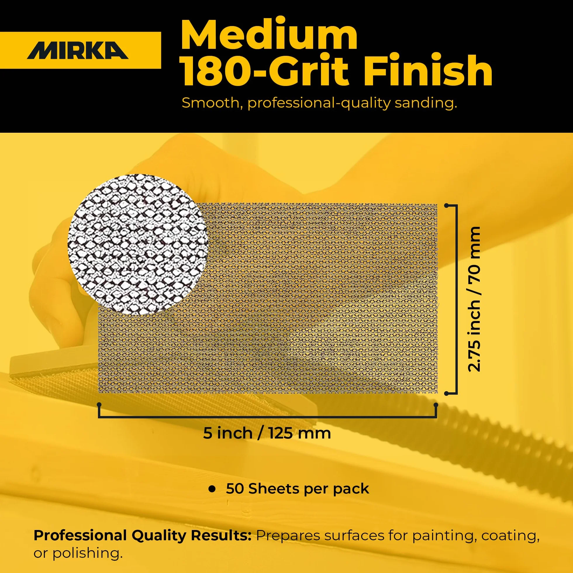 Mirka 9 A-149 – 180 – 2 – 3/4 x 12,7 cm 180 grano abrasivo libre de polvo hojas de lija de malla, caja de 50 hojas