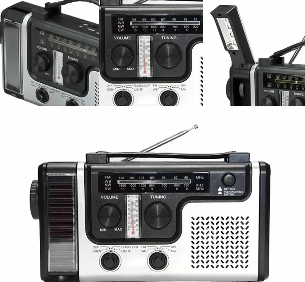 Radio de Emergencia, Radio de manivela Solar portátil Am/FM/SW Radios multibanda con Linterna LED Brillante, luz de Lectura, Banco de energía, Alarma SOS y probador de Temperatura