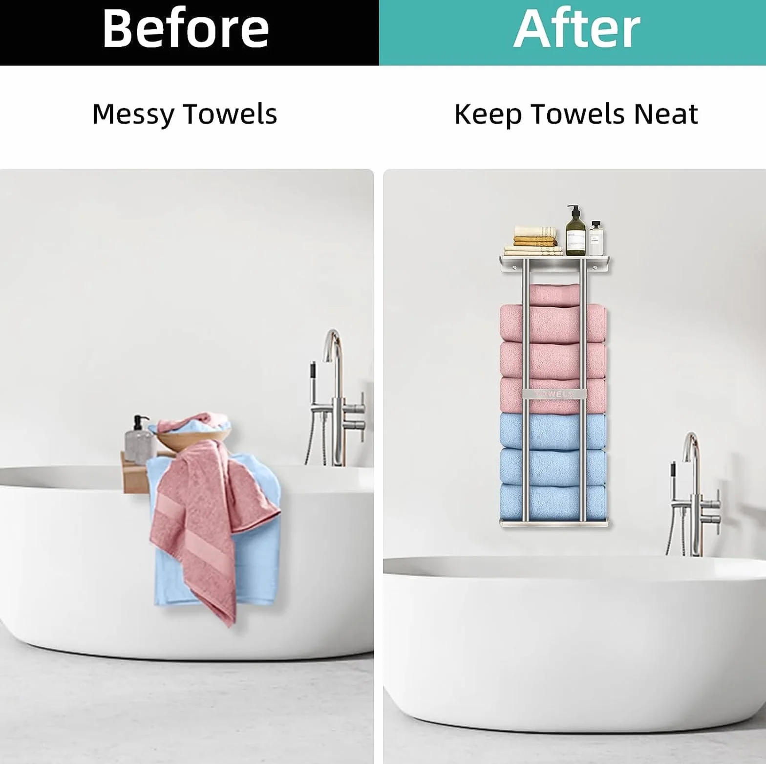 STWWO Toallero de Baño de Pared 76cm Toallero Vertical con Estante Plata Almacenamiento para Toallas enrolladas Baño Soporte para Toallas de Mano Grandes Toallas de Playa, Metal