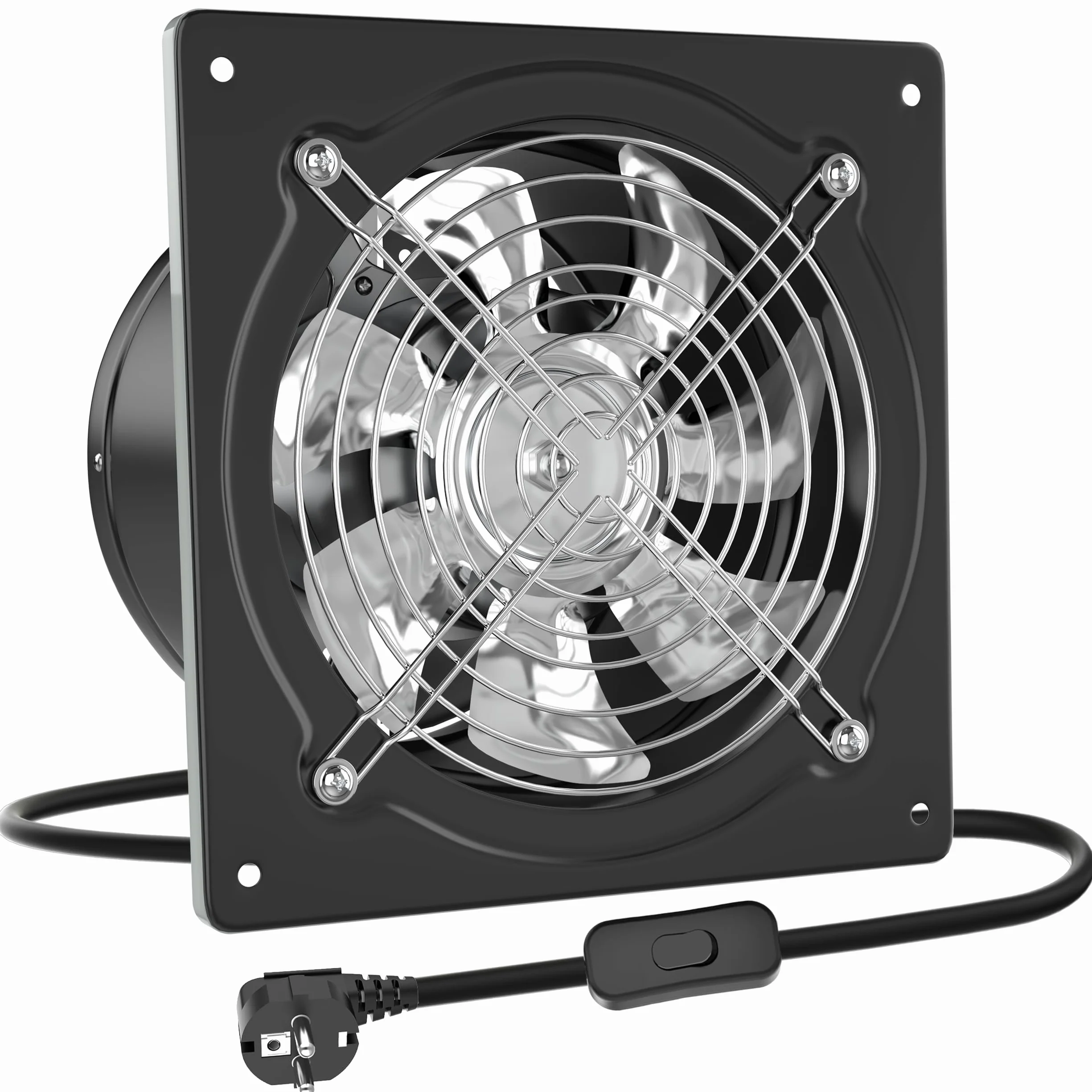 HG Power Extractor de Aire 200mm Ventilador de Baño 980m³/h Silencioso con Aleta de Retorno Potente Ventilador Metálico de Pared con Enchufe EU para Cocina Garaje Sótano, Negro