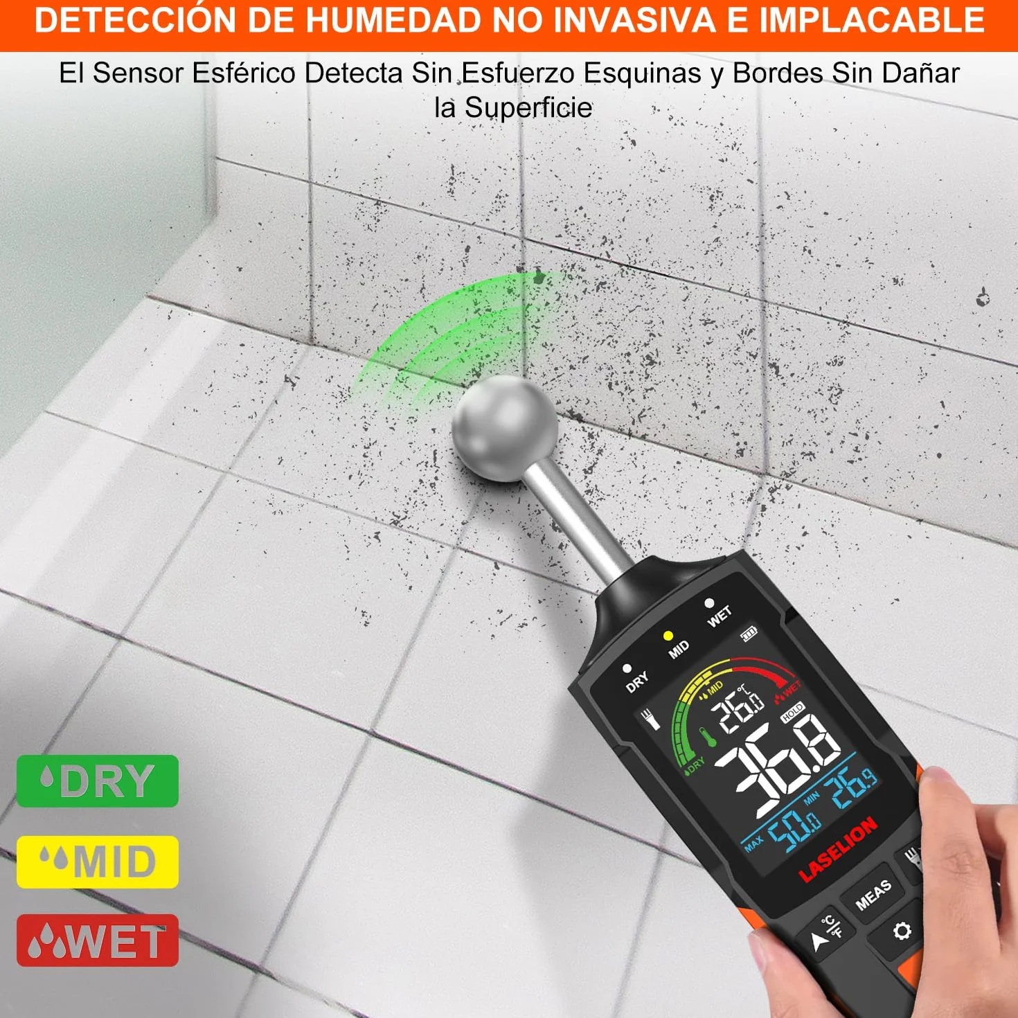 LASELION Medidor de Humedad No Destructivo - Sensor Esférico 5-40mm, Temperatura en Tiempo Real (°C/°F), Detecta Humedad Oculta en Madera/Paredes/Obra, Alarmas Personalizables - MS04