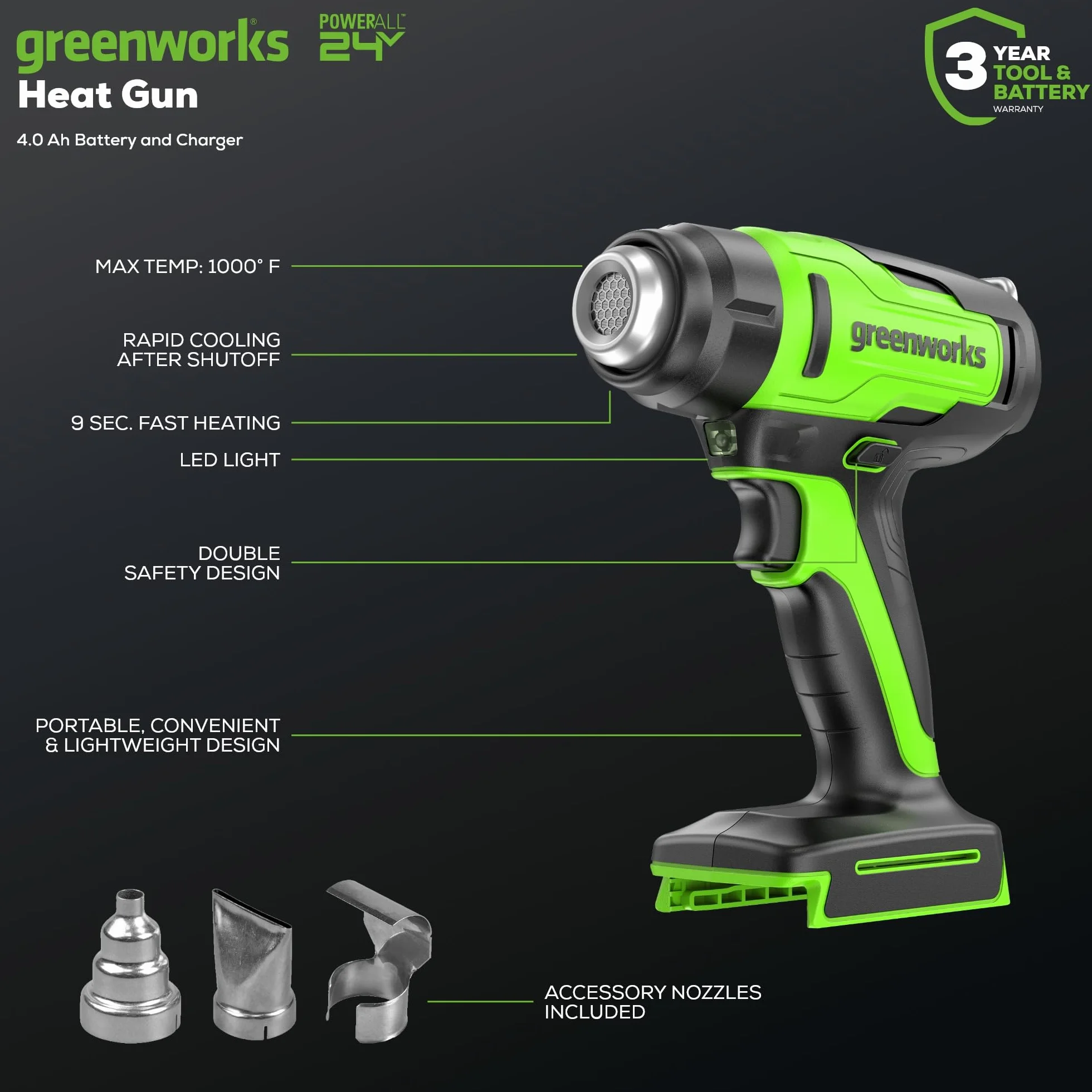 Greenworks Kit de pistola de calor inalámbrica de 24 V, batería de 4.0 Ah y cargador incluidos, herramienta de aire caliente, máximo a 1000 °F/538 ℃ con 3 boquillas para el hogar, garaje, al aire