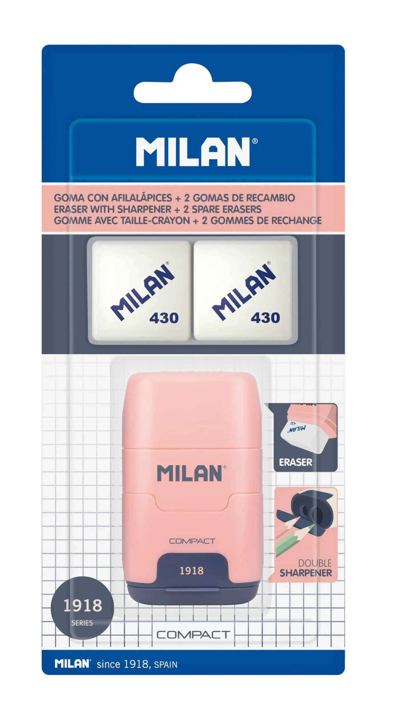 MILAN Blíster afilaborra COMPACT serie 1918 rosa + 2 gomas
