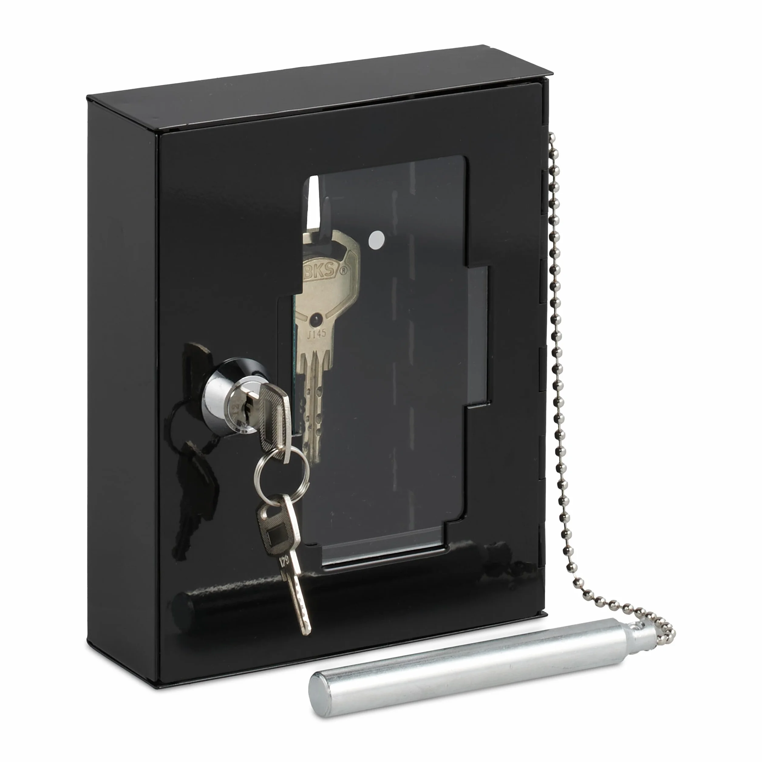 Relaxdays Caja para Llave de Emergencia, Cajetín con Ventana de Cristal y Martillo, Cerradura, Portallave Metal, Negro, 15 x 12 x 5 cm