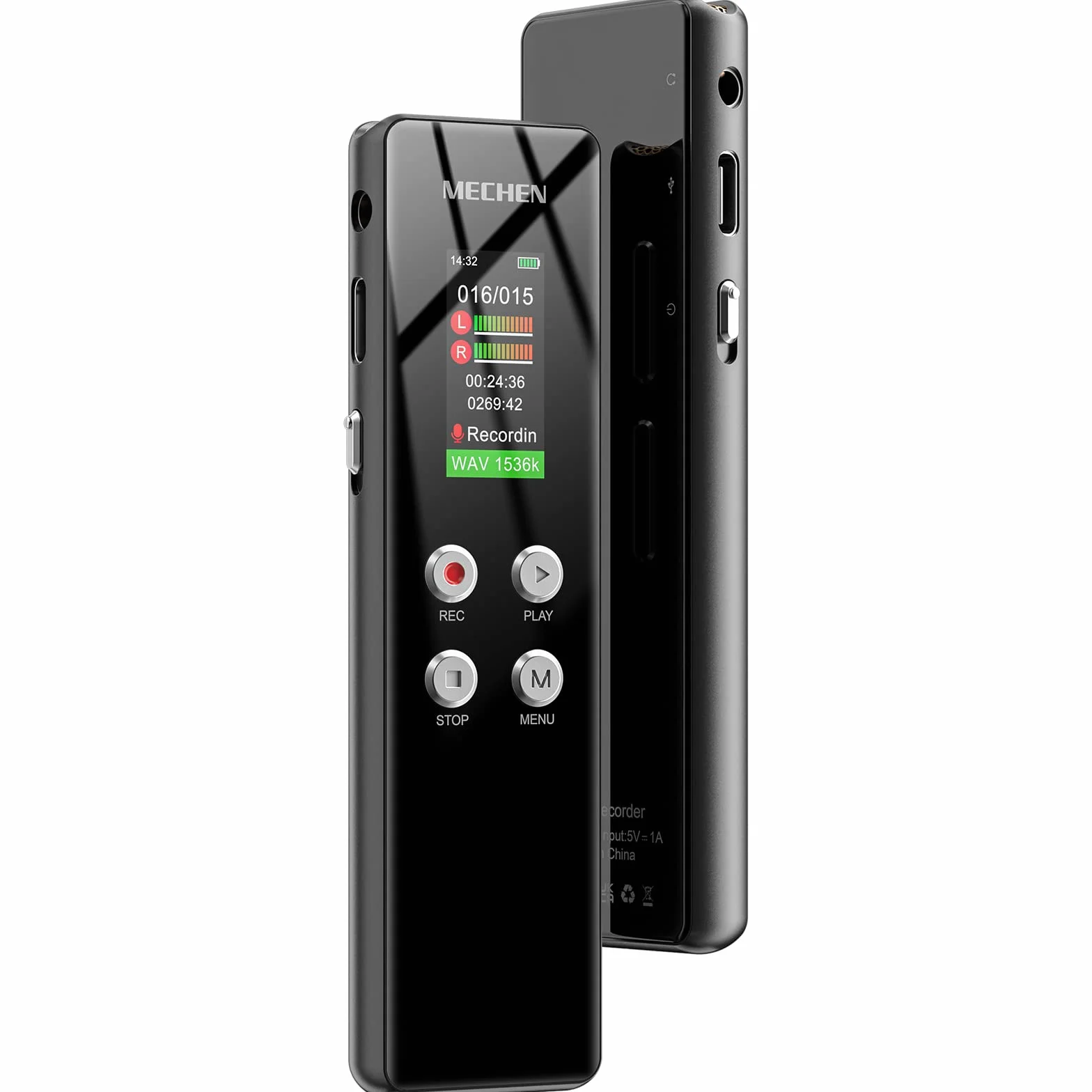 MECHEN Grabadora de Voz 64GB HD Un Solo Clic 1536 kbps Reducción de Ruido Automática Reproductor MP3 Protección Contraseña Batería 300mAh