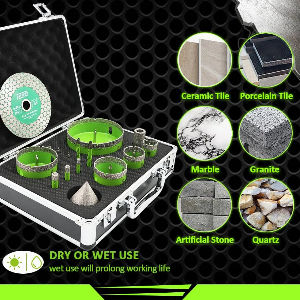 Kit de sierra perforadora para azulejos, 16 piezas de sierra perforadora de diamante (6/8/10/25/35/50/65/100 mm) con broca de dedo y broca de chaflán, brocas para azulejos de porcelana
