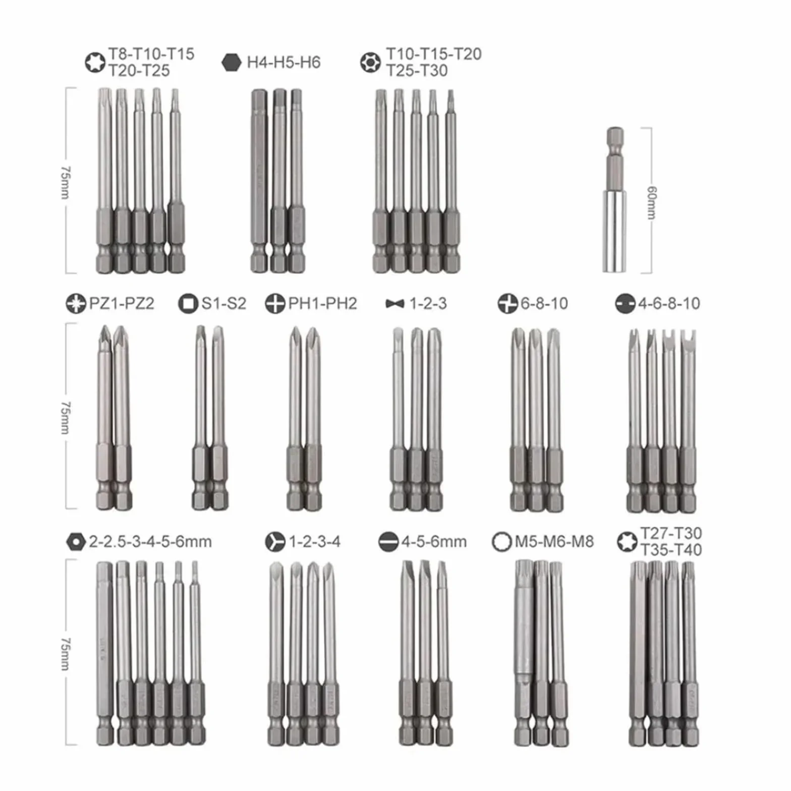 Juego De 50 Puntas De Destornillador De Alcance Extra Largo De 75 Mm, Puntas De Destornillador De Seguridad Torx Star Hex