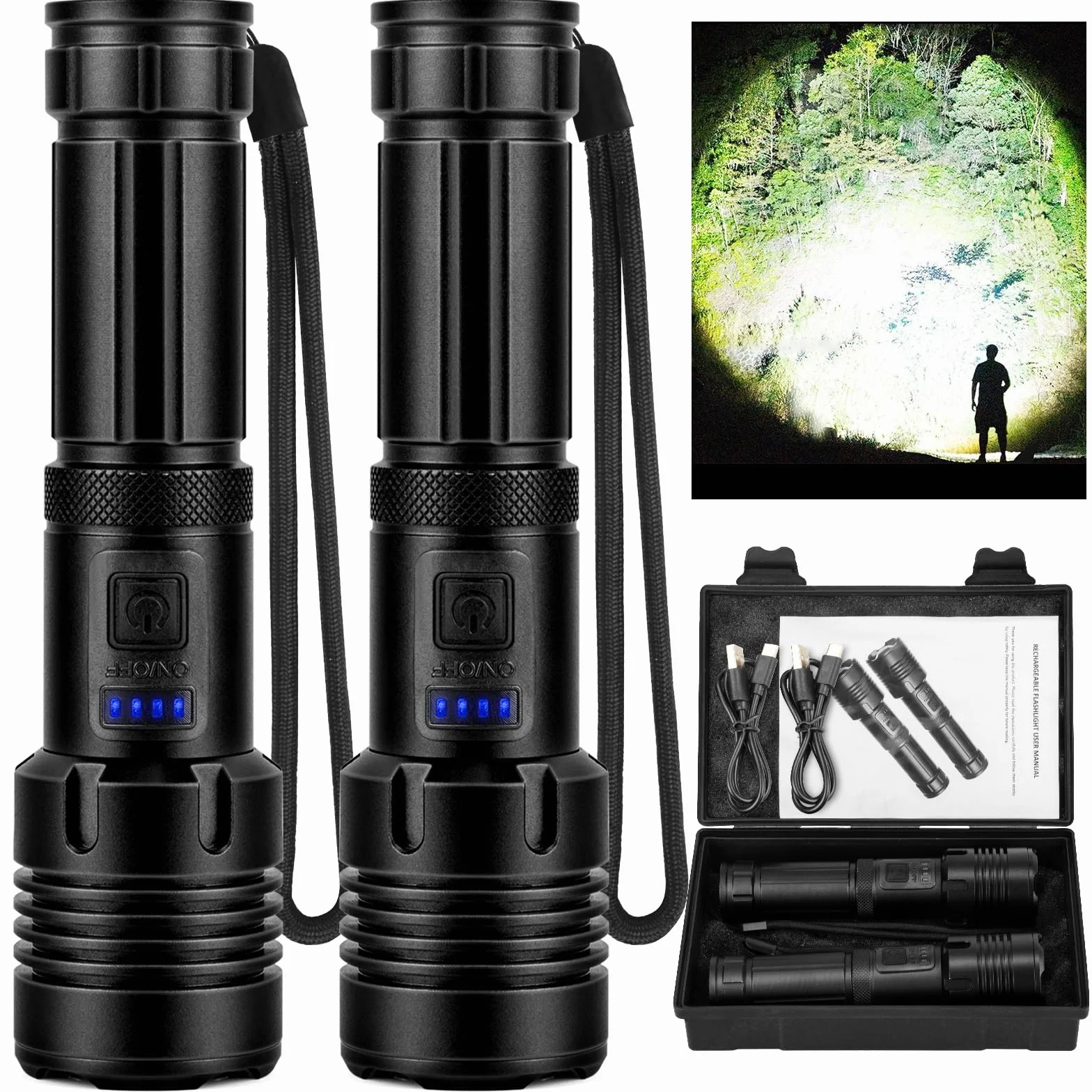 BEFAMALI Linternas recargables de alto lúmenes, 990,000 lúmenes, linterna súper brillante con 5 modos, resistente al agua, potente luz LED para el hogar, camping, senderismo (paquete de 2)