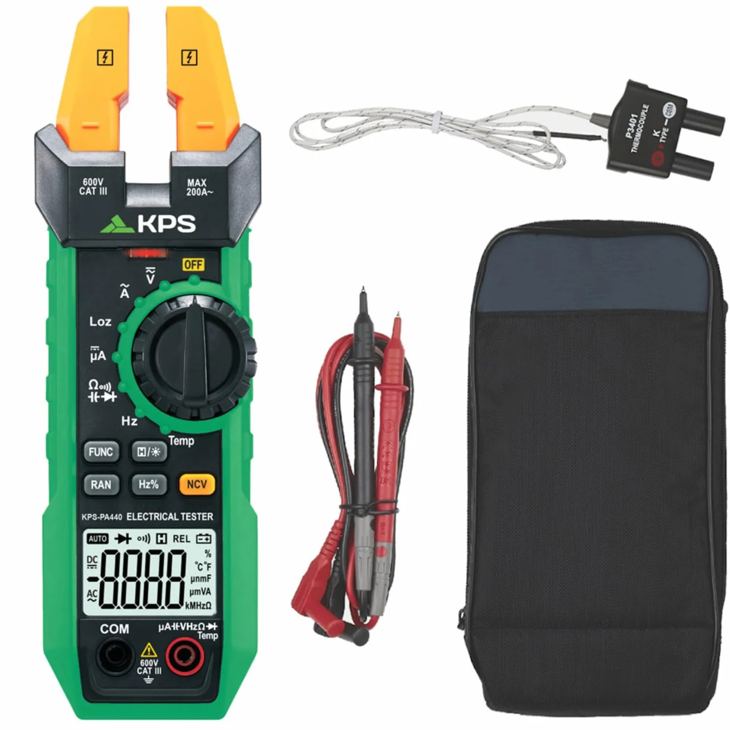 KPS-PA440 Pinza Amperimétrica Profesional con Maxilar Abierto - Multímetro Digital con Medición de Corriente AC 200A, Corriente DC 1000µA, Voltaje AC/DC 600V, Temperatura, Frecuencia, Capacidad y NCV