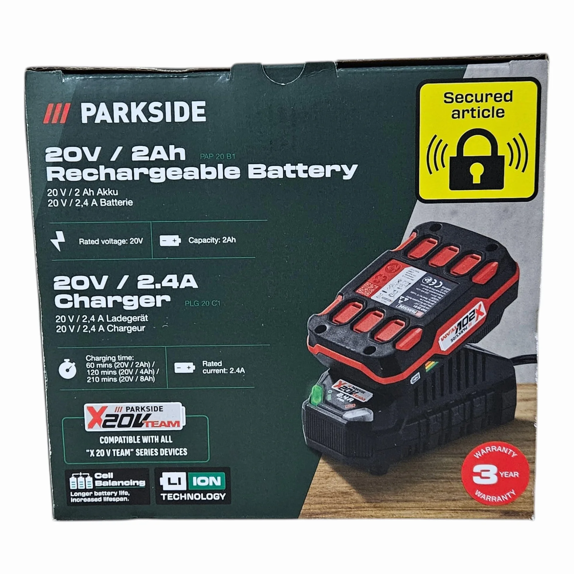 Park Side - Batería Parkside X20V Team 2 Ah y Cargador con Active Cell Balancing