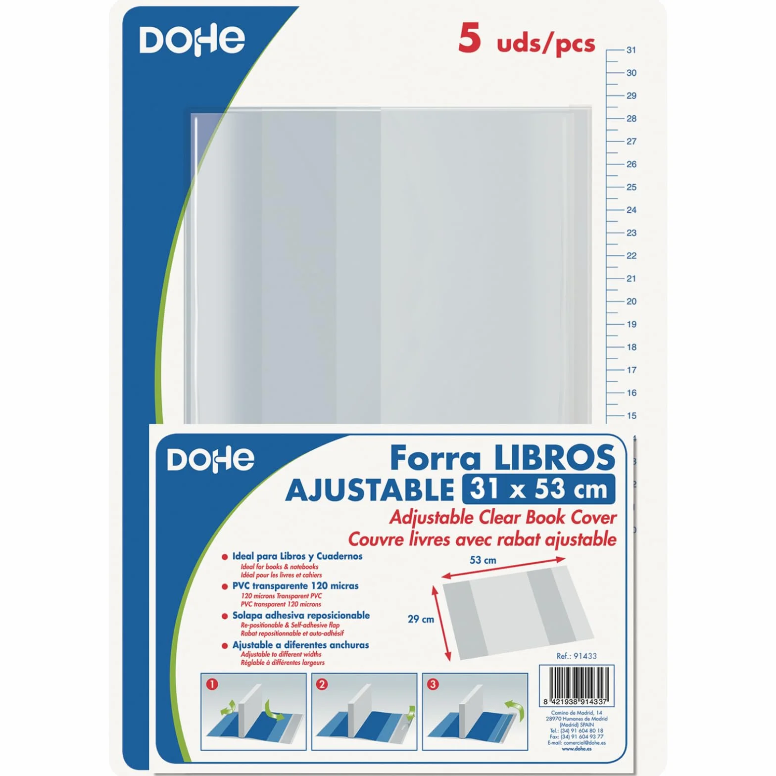 Dohe - Forro de Libros (5 uds.) - Medidas 31x53 cm, Láminas Ajustables Reposicionables, Hechos de PVC Grueso 120 Micras, Protectores Transparentes