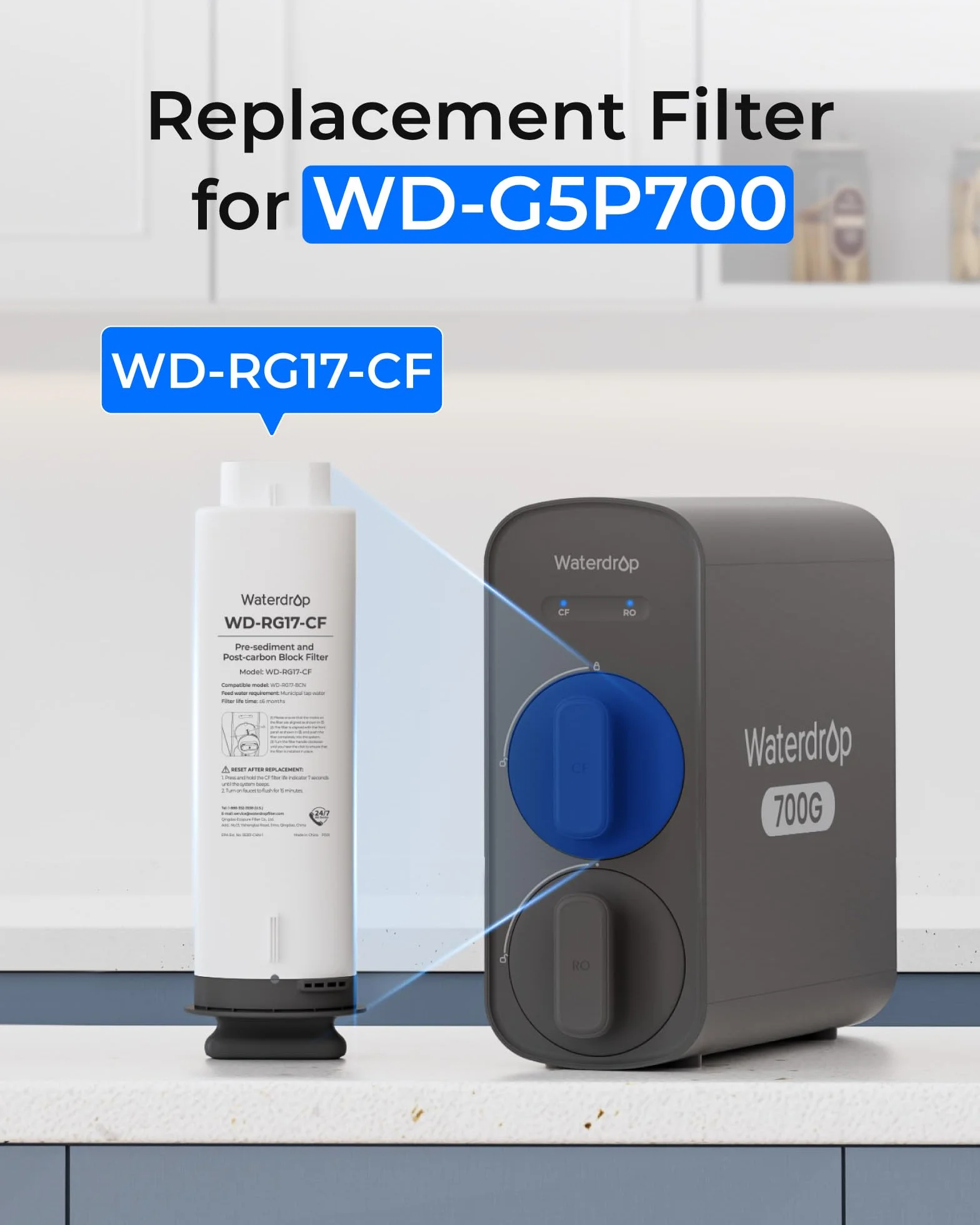 Waterdrop WD-G5P700-CF Filtro, Repuesto para el Sistema de Ósmosis Inversa WD-G5P700 Bajo Fregadero, 6 Meses de Vida Útil