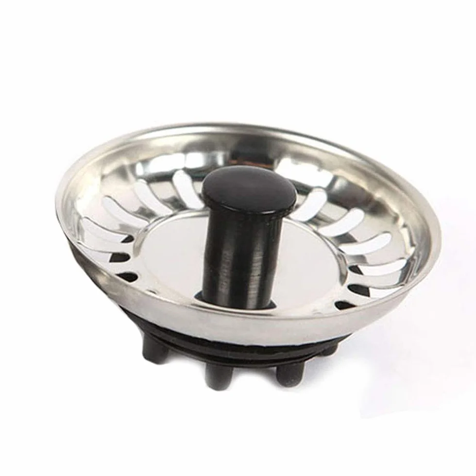Tapón de fregadero de acero inoxidable. Con cierre de goma/caucho. Diámetro 8 cm. Acabado en cromo brillo y negro