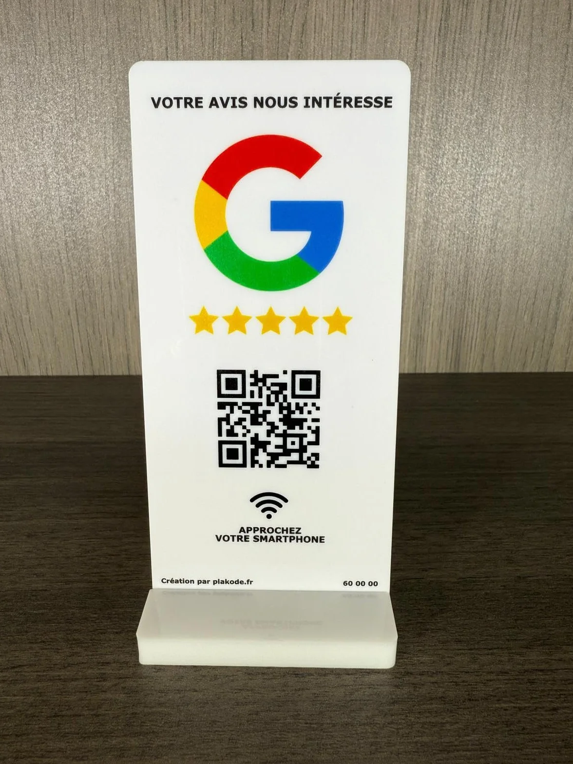 Placa NFC y código QR con soporte vertical para comentarios de Google - 15x7 cm - Ideal para letreros y restaurantes, soporte vertical (blanco)
