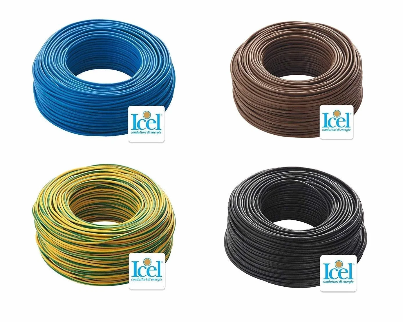 Cable ICEL Eléctrico Unipolar Aislante FS17 Madeja para Instalaciones Casa Comerciales Construcción 4 Madejas Da 100M 400M Total Color Blu-Nero-Marrone-Giallo/Verde - 1,5 MM