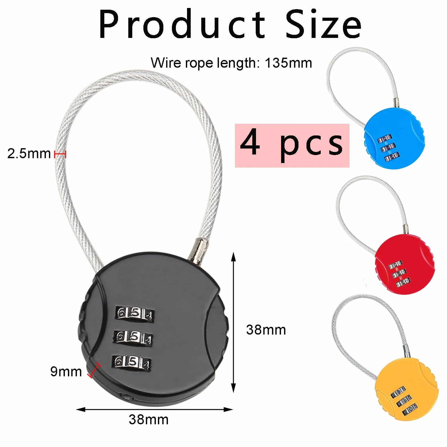 4 Piezas Candado de Combinación de 3 Dígitos, Candados de Seguridad de Cable Acero Flexible para Taquilla, Gimnasio, Maleta Viaje, Equipaje (4 Colores)
