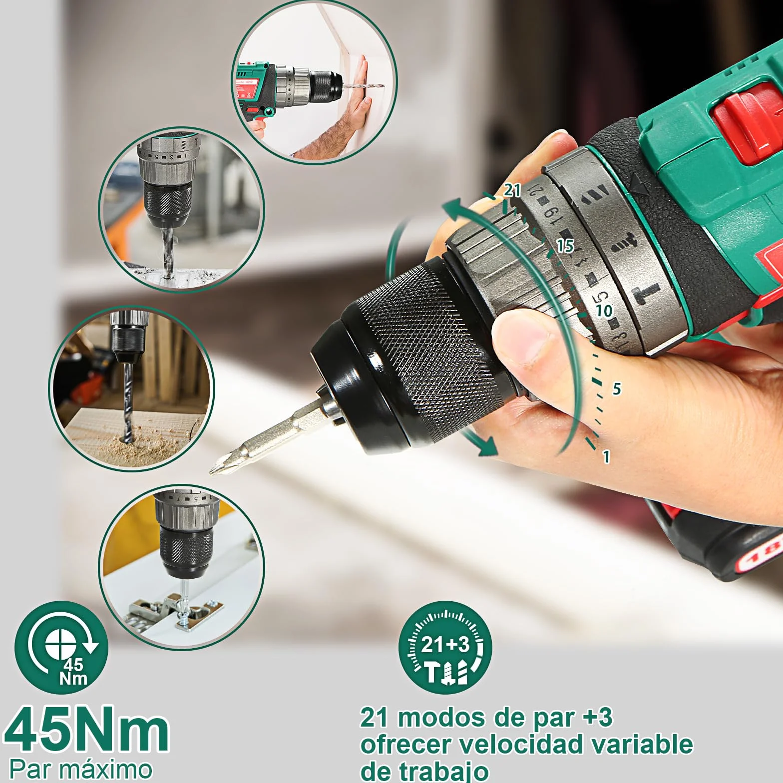 HYCHIKA Taladro Percutor Atornillador 18V 45Nm, Taladro Percutor con 2.0 Ah Batería, 27 Accesorios, 21+3 Ajustes de Par, 2 velocidades ajustables,Cargador Rápido, Para Reparaciones en El Hogar | Batería 2.0 Ah & set de 27 accesorios. Taladro de 2 velocida
