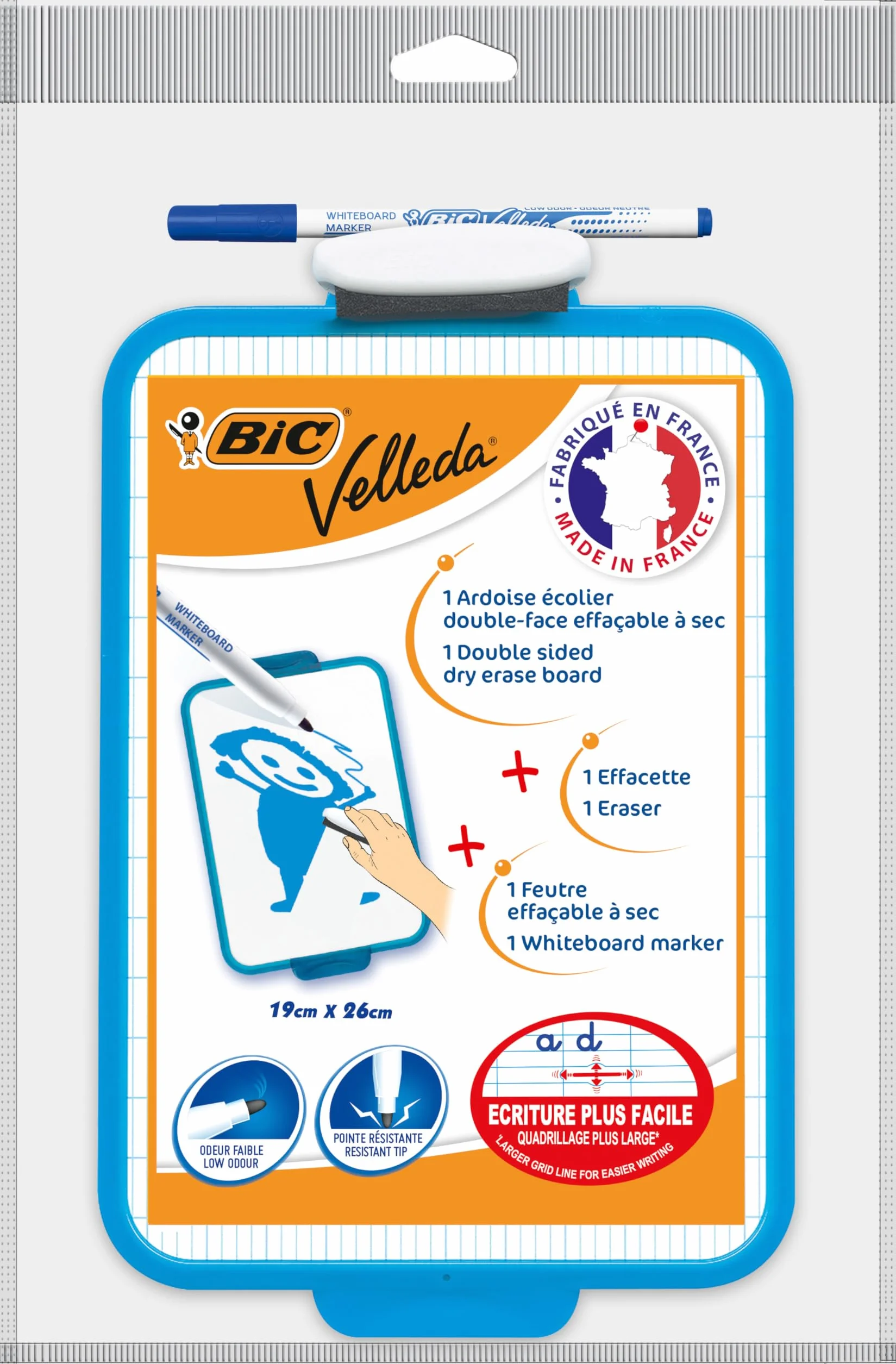 BIC Velleda Pizarra Blanca Pequeña de Doble Cara 19x26cm con Rotulador Azul y Borrador