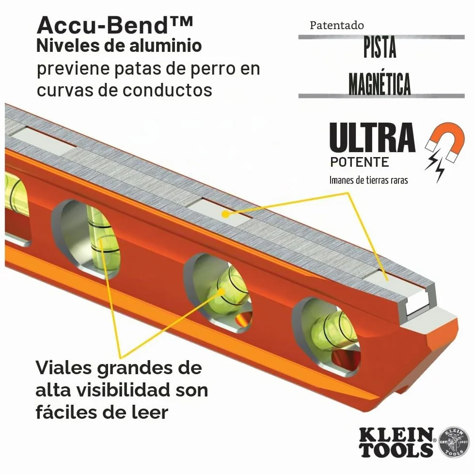 Nivel de torpedo, magnético, 4 viales para doblado de conductos y más con ranura en V y pista magnética Klein Tools 935AB4V
