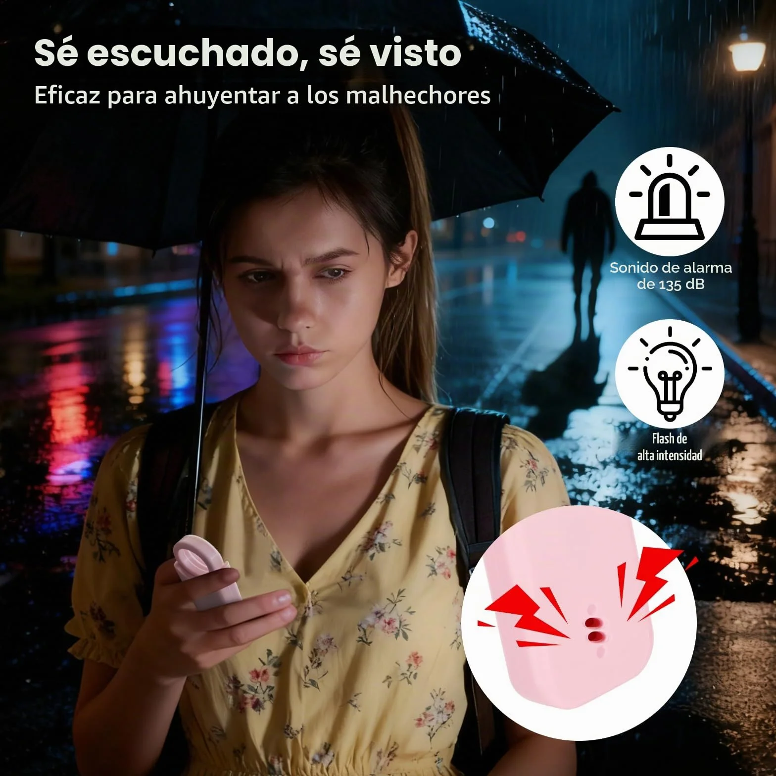Sprifityy Alarma Personal, Alarma De Bolsillo para Mujer, con Sirena de 130 dB y luz de Señalización LED, Llavero Recargable USB Tipo-C para Mujeres, Niños/Mujeres/Ancianos (Rosa)