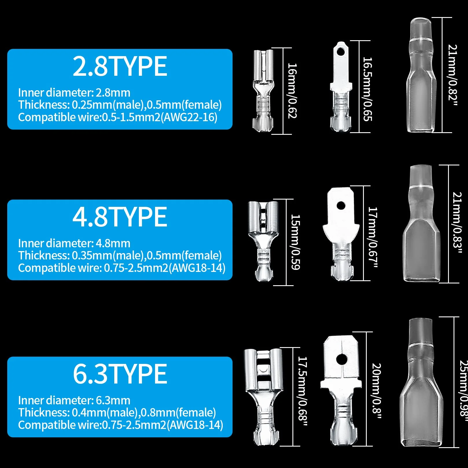 Set de 360 Terminales de Cable, Conectores de Empalme Plano, 2,8mm 4,8mm 6,3mm Conector Macho y Hembra, Terminales de Cable con Funda Aislante, Conectores Eléctricos de Crimpado