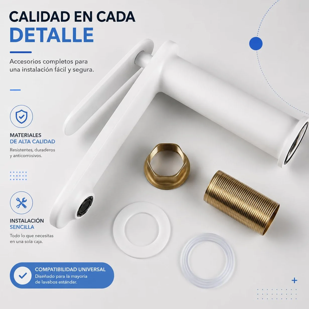 Grifo de Lavabo Blanco Satinado de Acero Inoxidable 304, Diseño Minimalista, Monomando Moderno para Baño, Fácil de Instalar