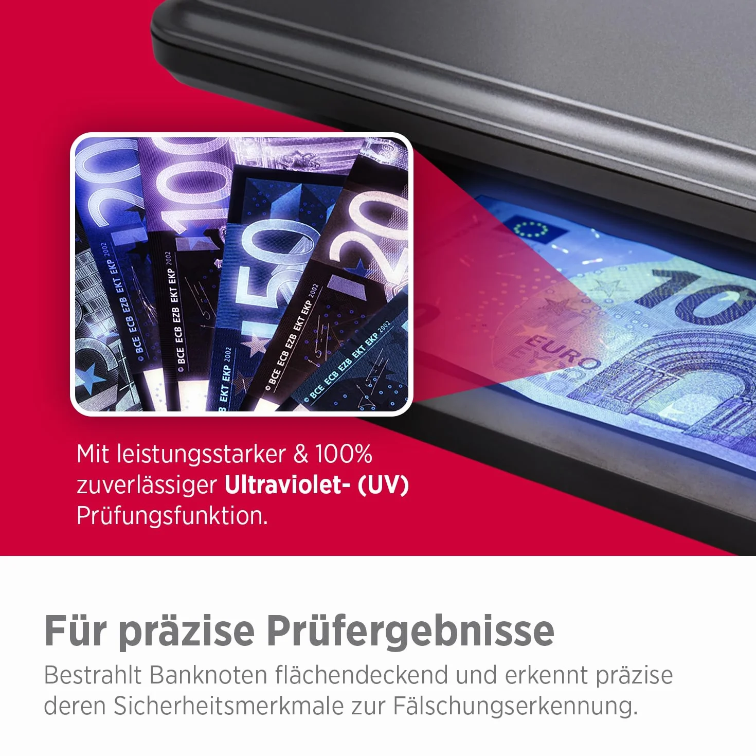 Olympia Detector de billetes UV 587, luz UV 365 nm, 2 LED UV 3 W, comprobador billetes falsos USB