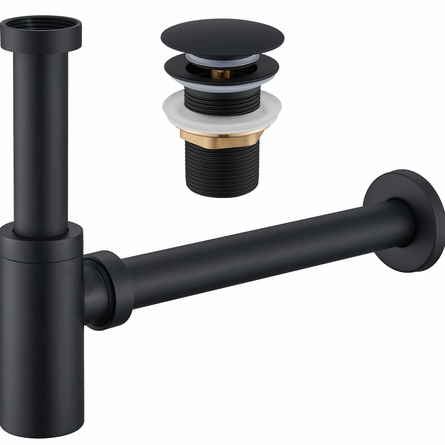 Sifón Lavabo Negro Universal con Desagüe sin Rebosadero, Altura Ajustable, Válvula Click Clack