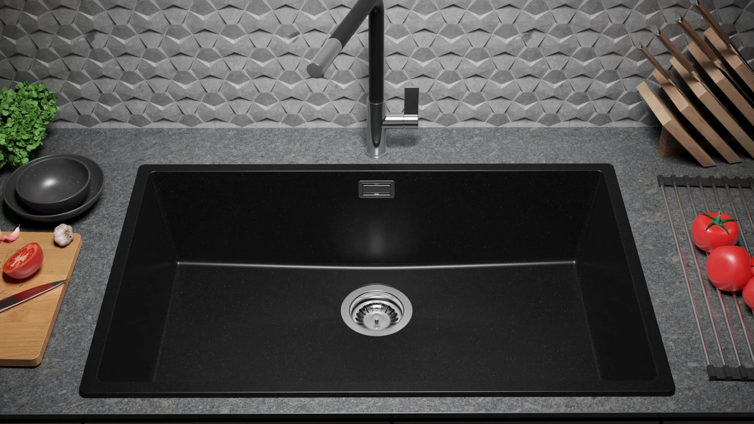 PRIMAGRAN Fregadero Granito Todo Negro 76x47cm, Cocina 1 Seno + Grifo 40x20cm + Sifón + Enrollable Escurridor, Sobre Encimera al Mueble 80cm - London Slim S531