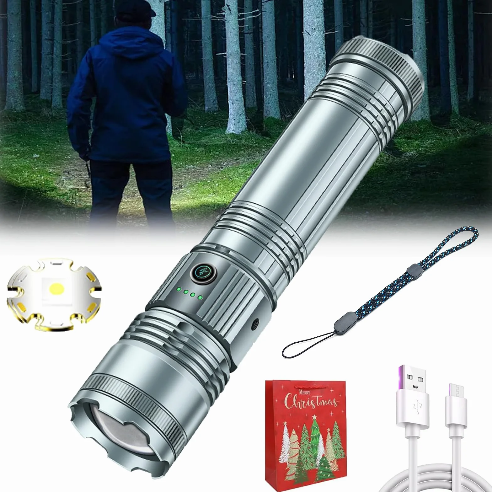 Torchmaster X9 Linterna táctica multimodo, linterna Torchmaster X9, linterna Torchmaster con 8 modos, linternas LED de alto lúmenes, linternas recargables, zoom ajustable (B)