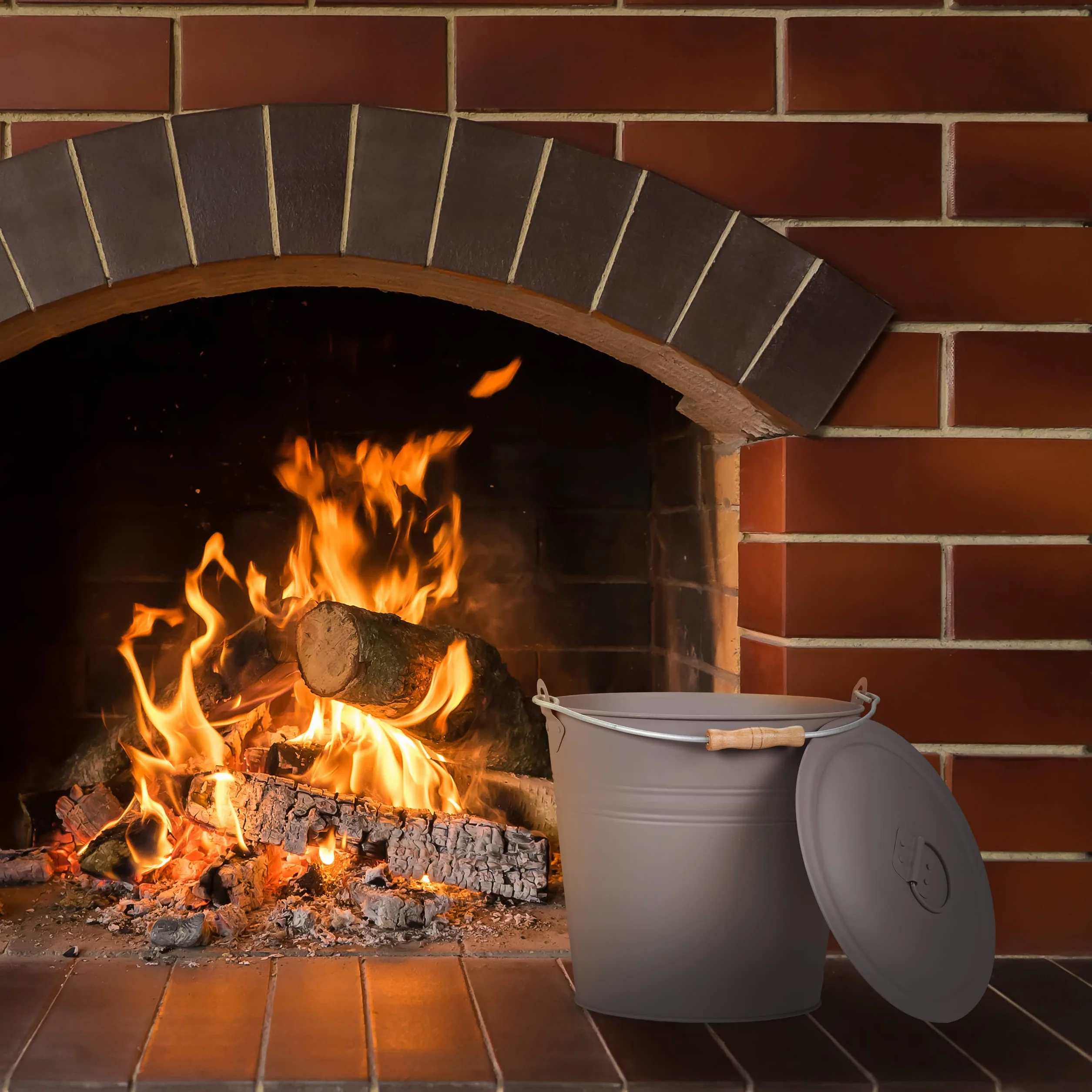 Relaxdays Cubo Cenizas con Tapa, 12 L, Accesorio Chimenea, Estufa, BBQ, con Asa, para Carbón y Ceniza, Redondo, Gris