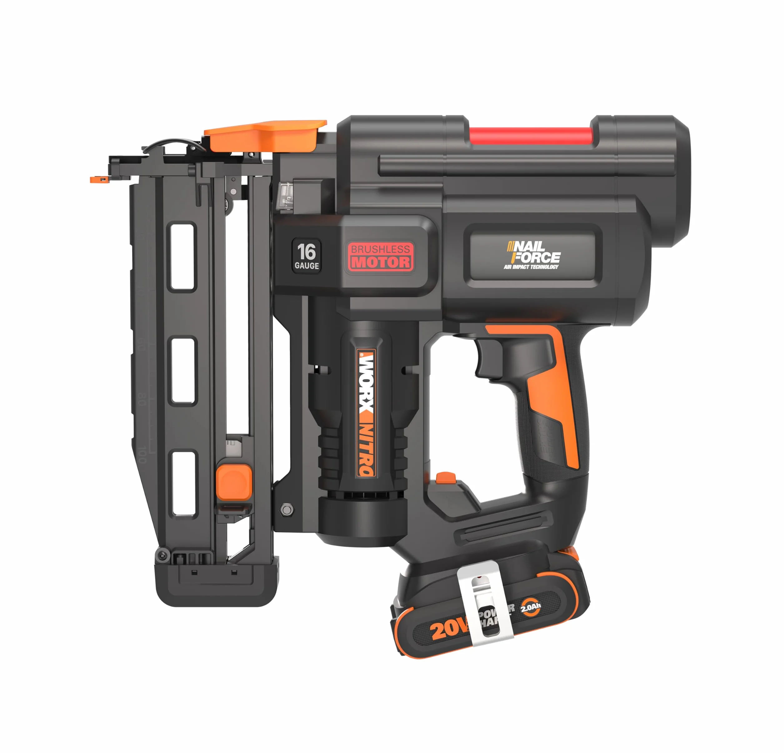 WORX WX841 Nitro – Clavadora eléctrica inalámbrica 20 V – 2 Ah – Tire hasta 80 clavos por minuto – Hasta 64 mm en la madera – Desbloqueo sin herramientas – (incluye batería y cargador| 200 clavos